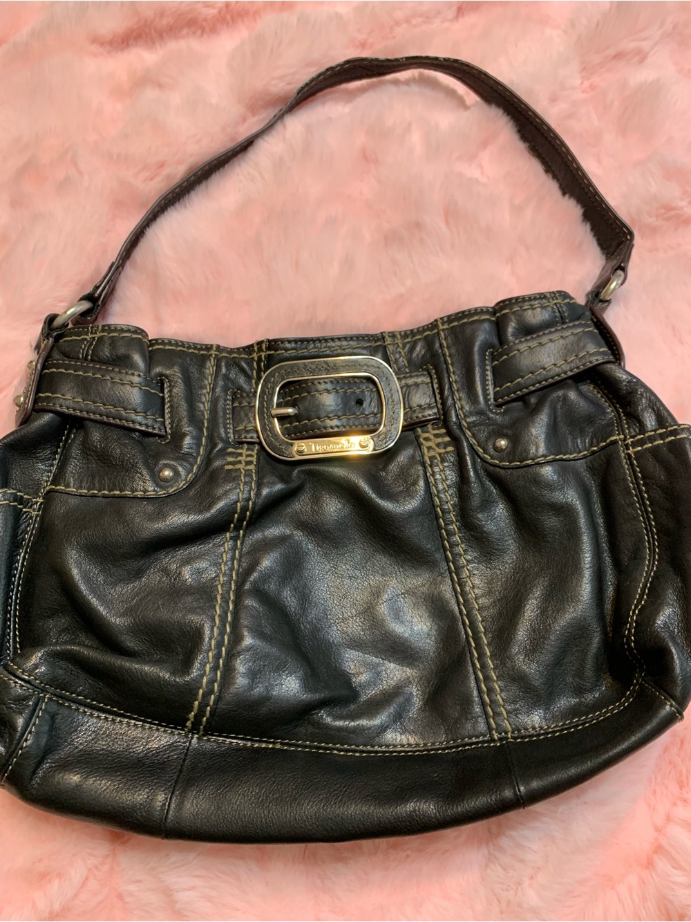 Tignanello Black Leather Shoulder Bag with Gold Buckle